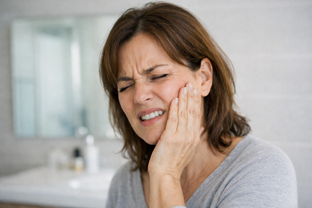 Remedio casero para el dolor de muela muy fuerte con mujer tocando su mejilla por dolor dental intenso